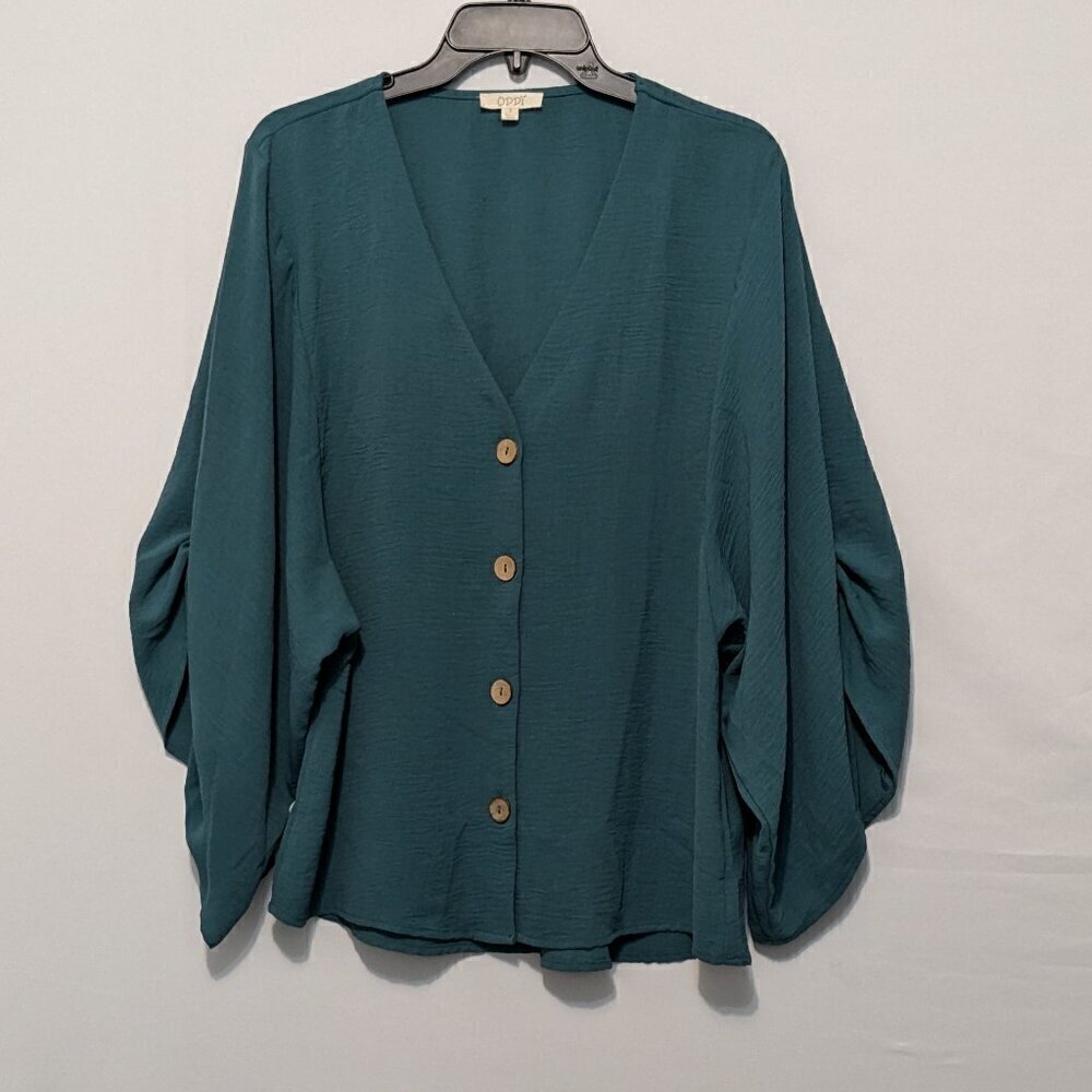 ODDY Teal Crepe Chiffon Button Blouse; Dolman Roll-Tab Sleeves; Size S